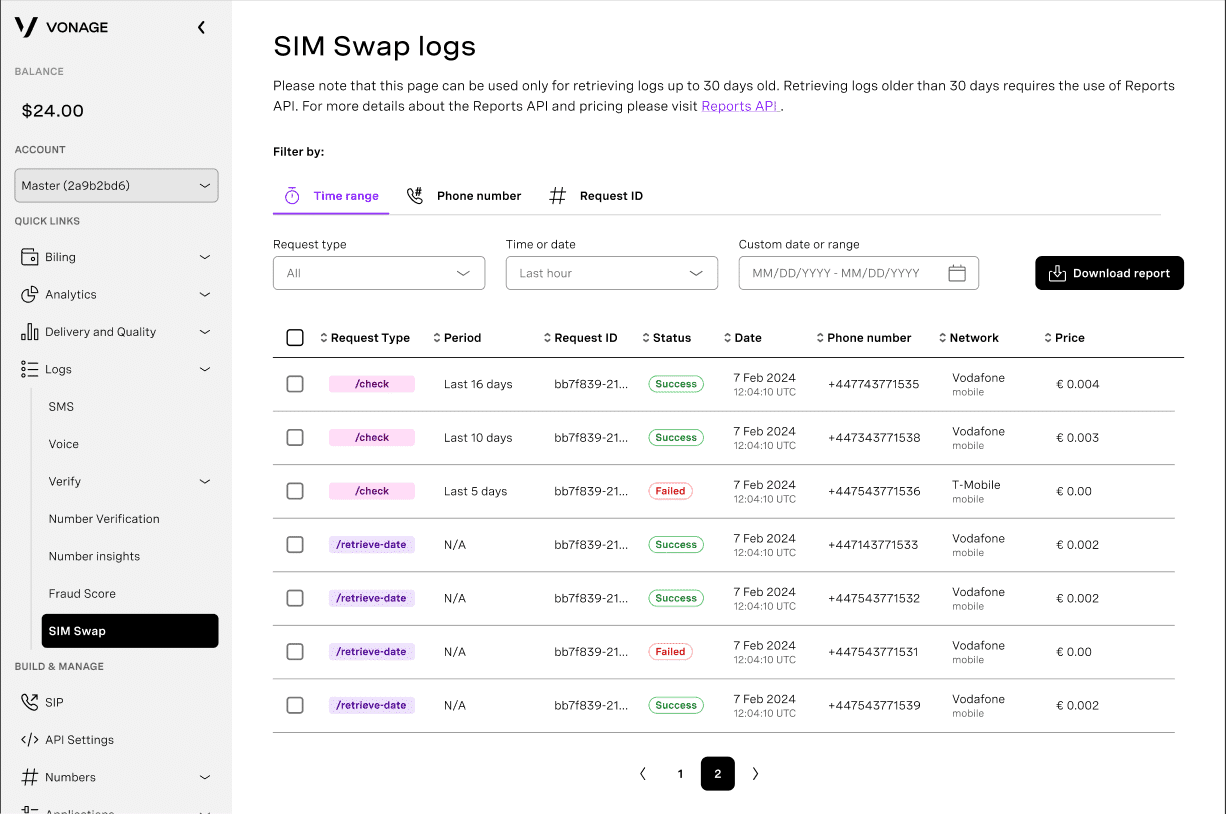 SIM Swap - Logs Page - Network APIs